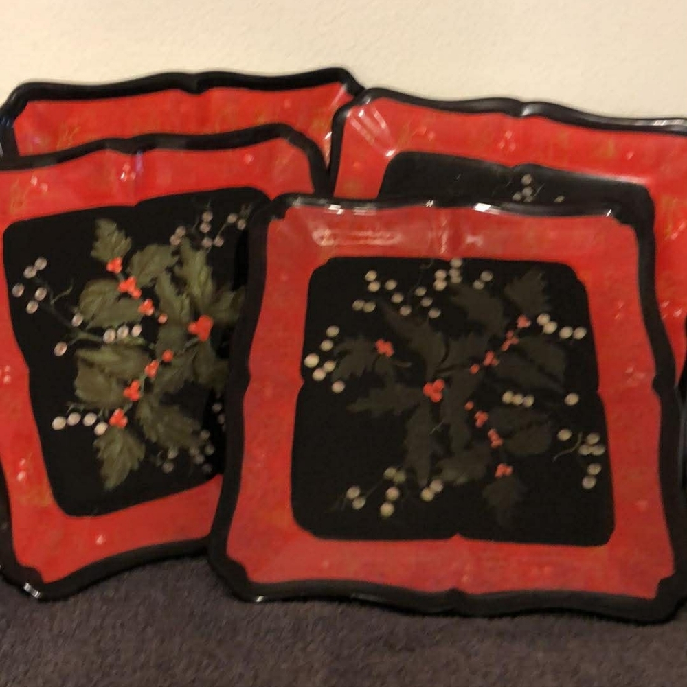 Certified International Red and Black Holly Square Holiday Plates